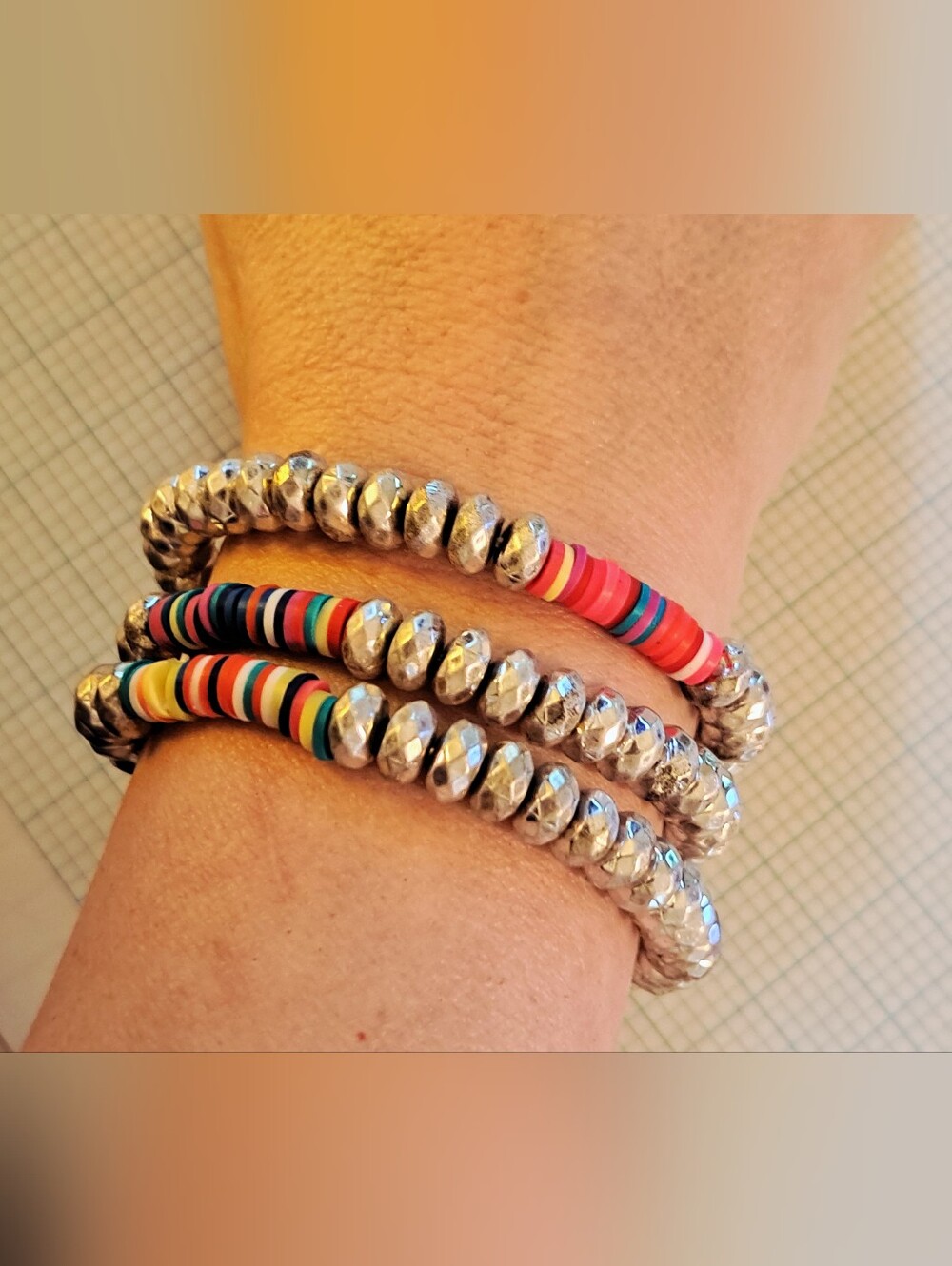 Faceted Silver and Multicolor Beaded Stretch 3 Bracelet Set - Women Jewelry